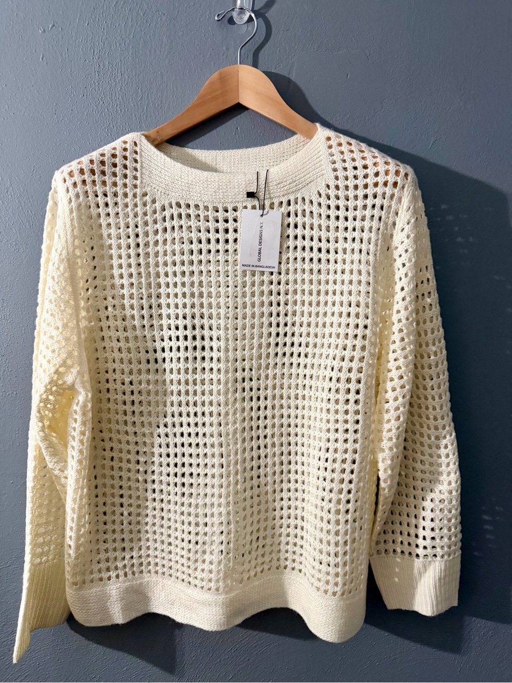 Open-Weave Crewneck Sweater in Cream